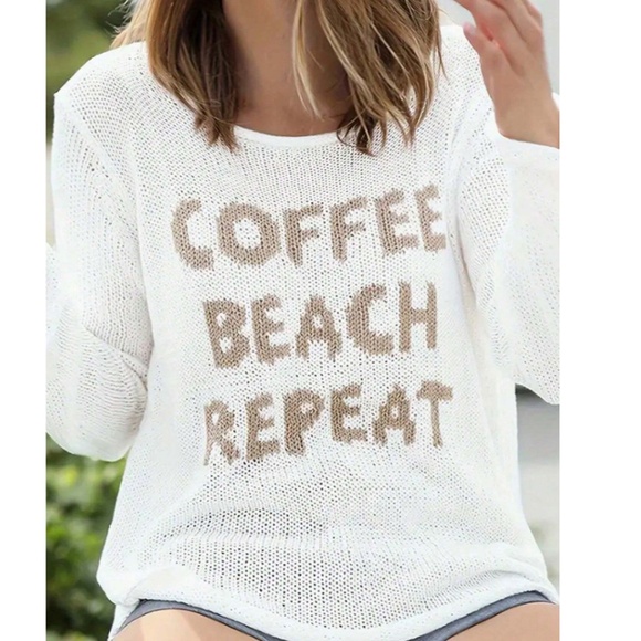 Cozy White Coffee Beach Repeat Graphic Sweater Top - Picture 4 of 8